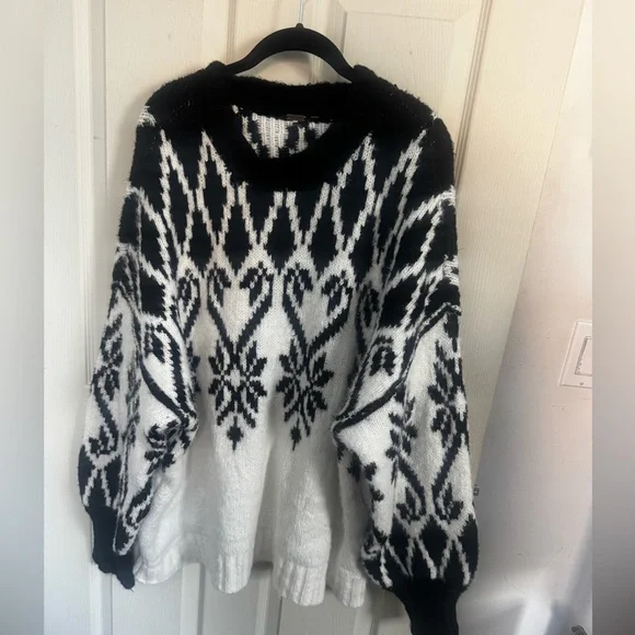 Free People Oversized Chunky Knit Fireside Tunic Sweater Ivory Black Medium - Picture 4 of 16
